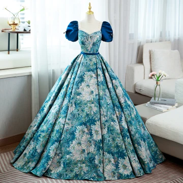 Élégant Bleu Impression Robe De Bal 2022 Robe Boule Encolure Carrée Gonflée Manches Courtes Dos Nu Noeud Ceinture Longue Promo Robe De Ceremonie