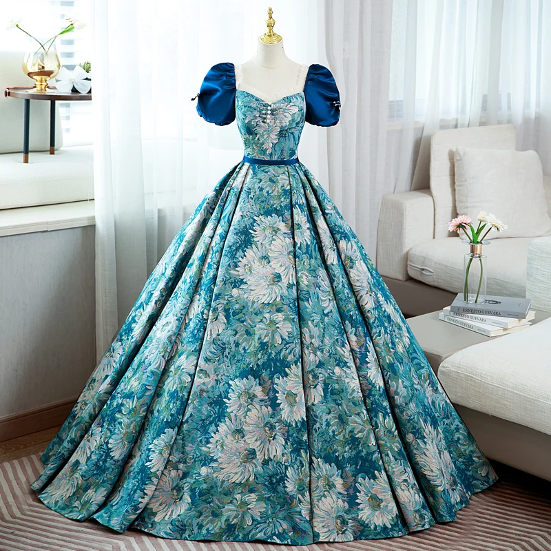 Elegant Pool Blue Printing Prom Dresses 2022 Ball Gown Square Neckline Puffy Short Bow