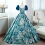 Elegant Pool Blue Printing Prom Dresses 2022 Ball Gown Square Neckline Puffy Short Sleeve Backless Bow Sash Floor-Length / Long Prom Formal Dresses