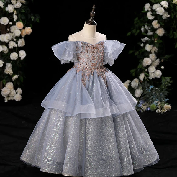Chic / Beautiful Ocean Blue Glitter Beading Sequins Cascading Ruffles Birthday Flower Girl Dresses 2024 A-Line / Princess Scoop Neck Short Sleeve Floor-Length / Long Tulle