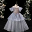 Chic / Beautiful Ocean Blue Glitter Beading Sequins Cascading Ruffles Birthday Flower Girl Dresses 2024 A-Line / Princess Scoop Neck Short Sleeve Floor-Length / Long Tulle