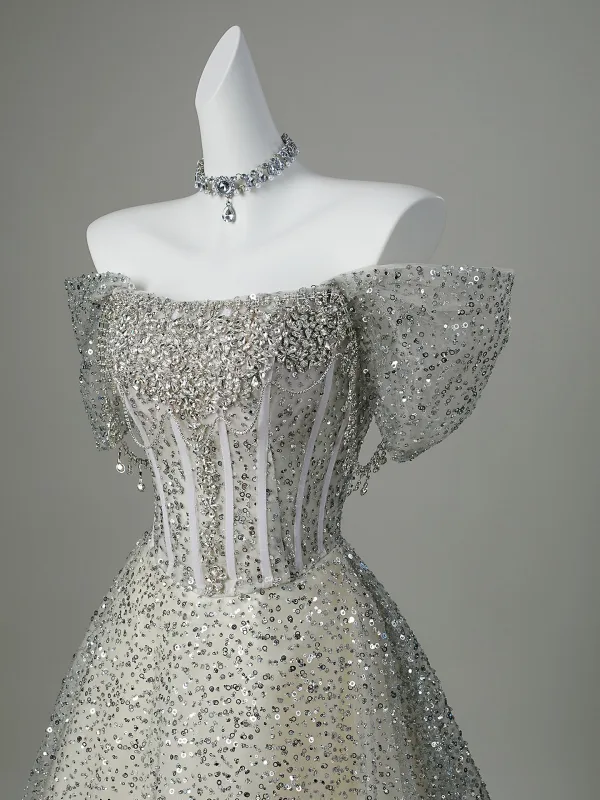 Scintillantes Gris Faux Diamant Paillettes Robe De Soirée 2026 Princesse De l'épaule Manches Courtes Dos Nu Longue Robe De Ceremonie