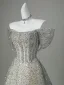 Scintillantes Gris Faux Diamant Paillettes Robe De Soirée 2026 Princesse De l'épaule Manches Courtes Dos Nu Longue Robe De Ceremonie