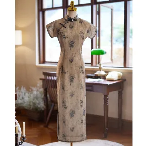 Chinese Style Vintage Retro Khaki Printing Tea Length Cheongsam 2024 Trumpet Mermaid High Neck Short Sleeve