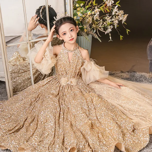 Sparkly Gold Sequins Birthday Sweep Train Flower Girl Dresses 2025 Ball Gown High Neck Short Sleeve