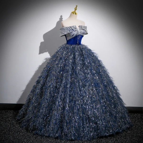 Vintage / Retro Bling Bling Navy Blue Beading Sequins Tassel Prom Dresses Ball Gown 2023 Off-The-Shoulder Sleeveless Backless Floor-Length / Long Prom Formal Dresses
