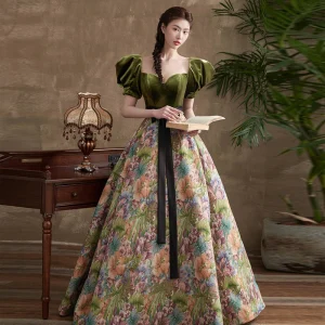 Fancy Dark Green Printing Prom Dresses 2022 Ball Gown Square Neckline Puffy Short Sleeve Backless Bow Sash Floor Length Long Formal Dresses