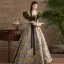 Fancy Dark Green Printing Prom Dresses 2022 Ball Gown Square Neckline Puffy Short Sleeve Backless Bow Sash Floor-Length / Long Formal Dresses