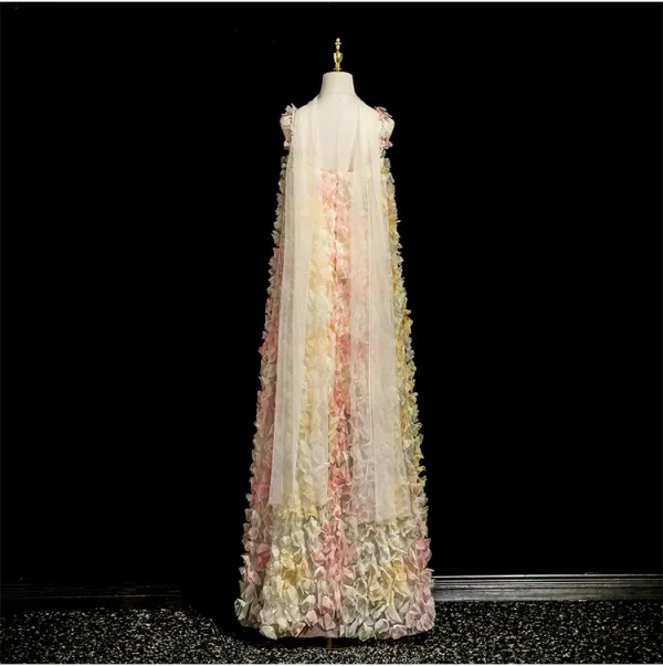 Flower Fairy Multi-Colors Appliques Prom Dresses 2025 A-Line / Princess Spaghetti Straps Sleeveless Backless Floor-Length / Long Formal Dresses