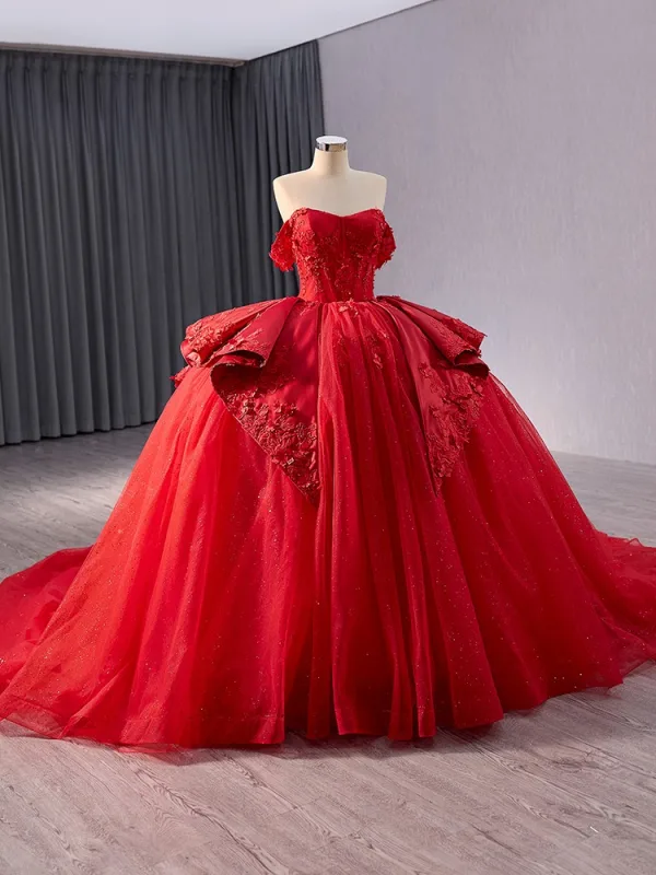High-end Red Sequins Lace Flower Appliques Chapel Train Wedding Dresses 2024 Ball Gown Strapless Sleeveless Backless Wedding