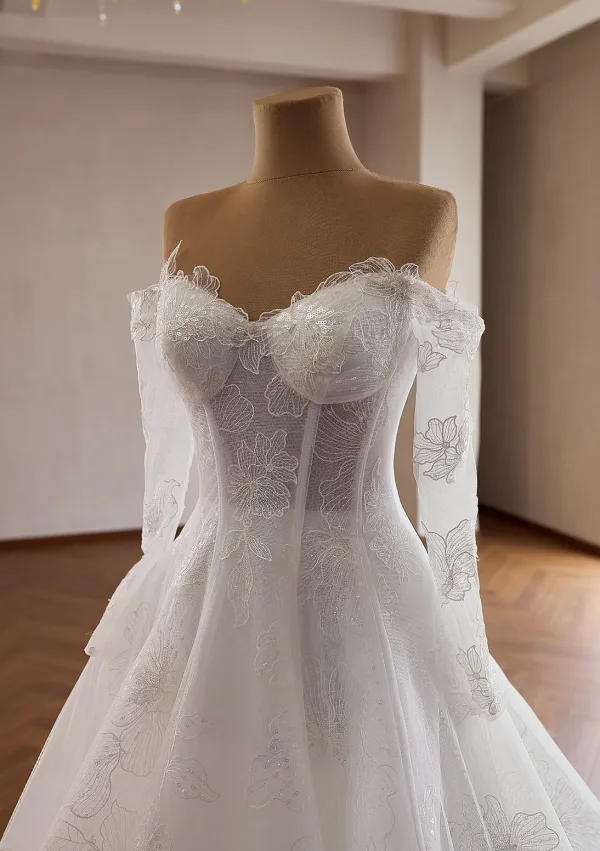 Luxus / Herrlich Weiß Handgefertigt Pailletten Spitze Blumen Brautkleider / Hochzeitskleider 2026 Ballkleid Off Shoulder Lange Ärmel Rückenfreies Kapelle-Schleppe
