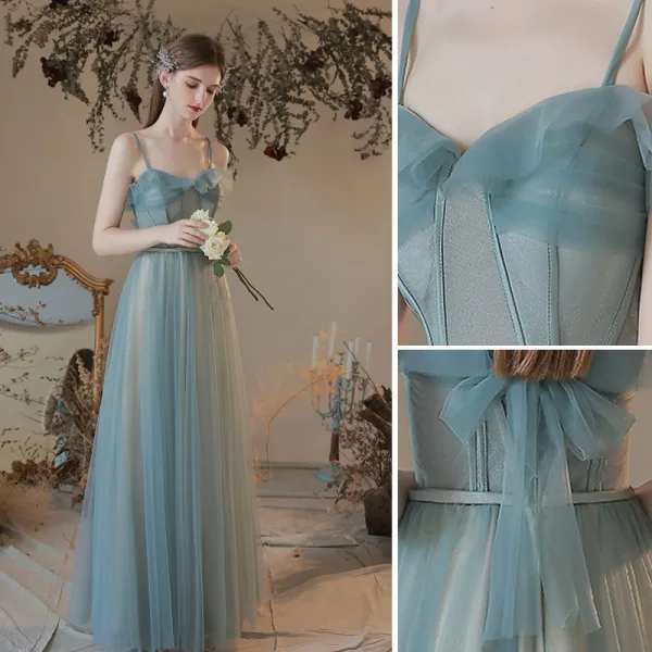 Simple Bleu Ciel Robe De Bal 2022 Princesse Bretelles Spaghetti Sans Manches Dos Nu Noeud Longue Robe De Ceremonie