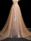 Sparkly Gold Beading Sequins Prom Dresses 2024 A-Line / Princess Scoop Neck Short Sleeve Backless Sweep Train Prom Formal Dresses