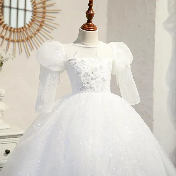 Elegant White Beading Sequins Lace Flower Birthday Flower Girl Dresses 2022 Ball Gown Scoop Neck Puffy Short Sleeve Backless Floor-Length / Long Flower Girl Dresses