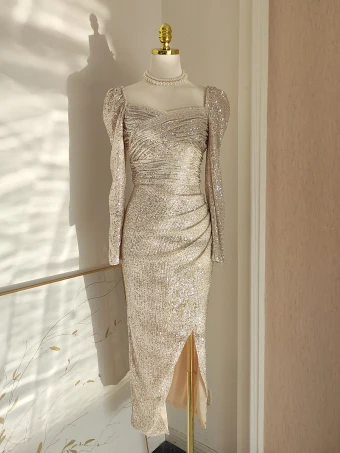 Sexy Champagne Paillettes Robe De Soirée 2023 Trompette Sirène Encolure Carrée Manches Longues Dos Nu Thé Longueur Soirée Robe De Ceremonie
