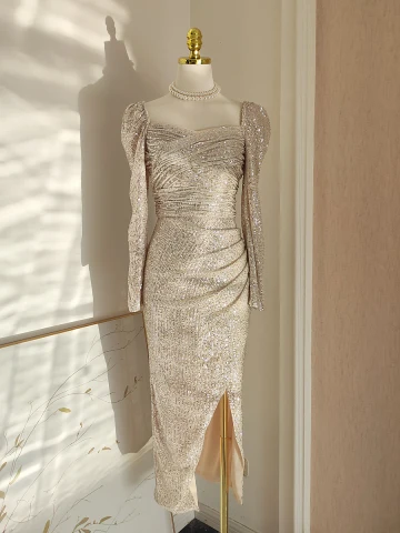 Sexy Champagne Sequins Evening Dresses 2023 Trumpet Mermaid Square Neckline Long Sleeve Backless Tea Length Evening Party Formal Dresses