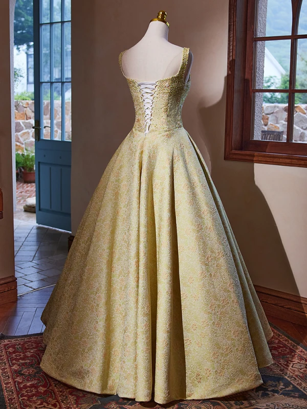 Chic / Beautiful Green Beading Printing Prom Dresses 2024 Ball Gown Square Neckline Sleeveless Backless Floor-Length / Long Prom Formal Dresses