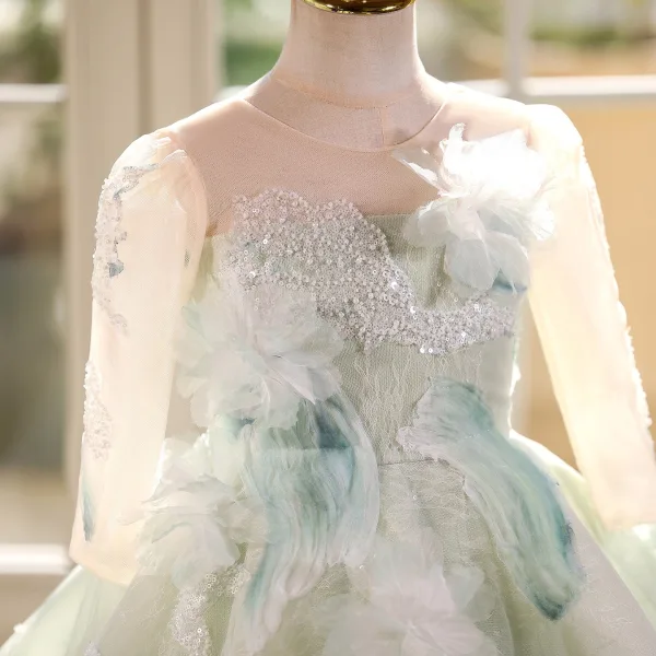 Élégant Vert Cendré Perlage Appliques Anniversaire Robe Ceremonie Fille 2026 Robe Boule Encolure Dégagée Manches Longues Dos Nu Longue Tulle