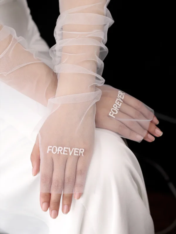 Elegant White Embroidered Letter Graphic Wedding Bridal Gloves 2025 Tulle