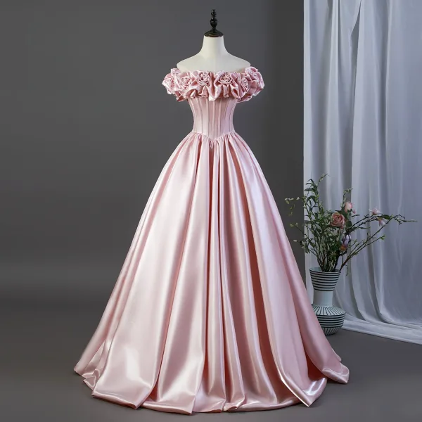 Charmant Rougissant Rose Satin Robe De Bal 2026 Robe Boule Volants De l'épaule Manches Courtes Dos Nu