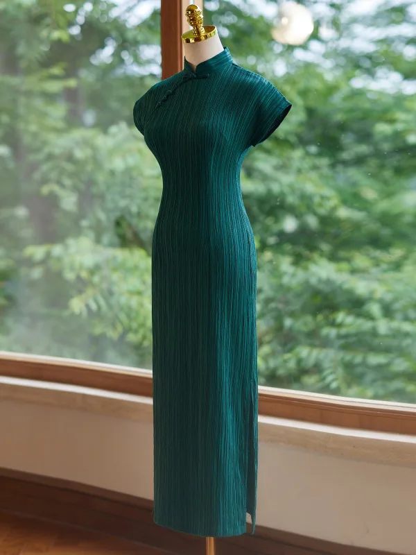 Chinese style Vintage / Retro Dark Green Prom Cheongsam 2024 Trumpet / Mermaid High Neck Short Sleeve Floor-Length / Long