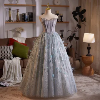 High End Corset Silver Grey Prom Dresses 2025 Beading Feather Sweet 16 Dancing Formal Dresses Off The Shoulder Floor Length Long Sleeveless