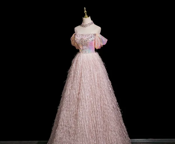 Charmant Rougissant Rose Perlage Faux Diamant Paillettes Gland Robe De Bal 2025 Princesse De l'épaule Sans Manches Dos Nu Longue Promo Robe De Ceremonie