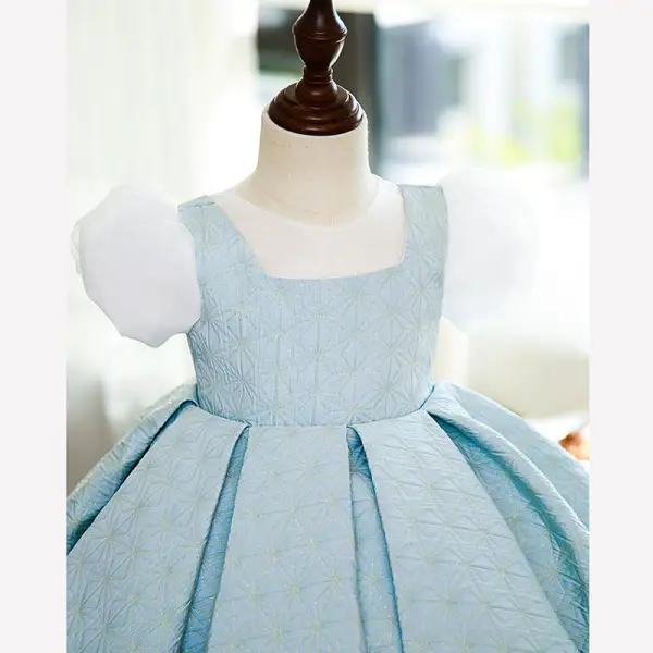 Chic / Beautiful Sky Blue Birthday Short Flower Girl Dresses 2022 Ball Gown Scoop Neck Puffy Short Sleeve Flower Girl Dresses