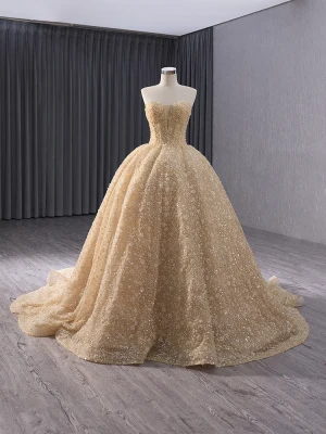 High End Bling Bling Gold Beading Sequins Pearl Prom Dresses 2024 Ball Gown Strapless Sleeveless Backless Sweep Train Prom Formal Dresses