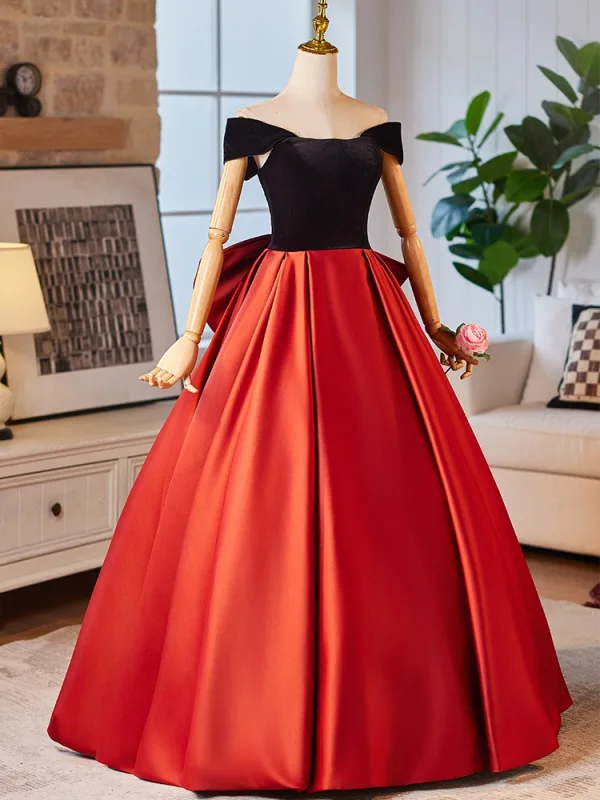 Élégant Orange Satin Robe De Bal 2024 Robe Boule De l'épaule Manches Courtes Dos Nu Noeud Longue Promo Robe De Ceremonie