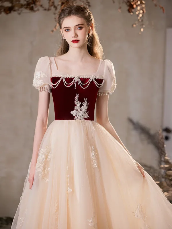 Chic / Beautiful Burgundy Beading Lace Flower Pearl Sequins Prom Dresses 2024 A-Line / Princess Square Neckline Short Sleeve Backless Floor-Length / Long Prom Formal Dresses