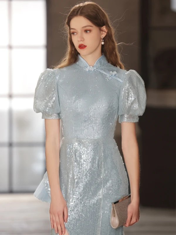 Style Chinois Scintillantes Bleu Ciel Paillettes Robe De Soirée 2023 Trompette / Sirène Col Haut Manches Courtes Train De Balayage Soirée Robe De Ceremonie