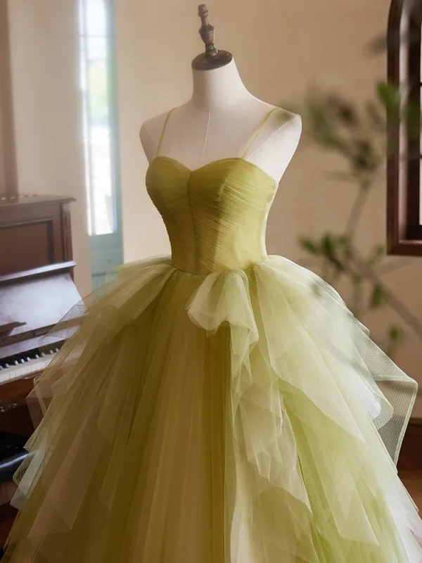 Schöne Salbeigrün Rüschen Ballkleider 2024 Ballkleid Spaghettiträger Ärmellos Rückenfreies Sweep / Pinsel Zug Ball Festliche Kleider