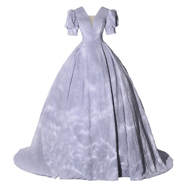 Elegant Sky Blue Prom Dresses 2022 Ball Gown V-Neck Puffy Short Sleeve Backless Sweep Train Formal Dresses