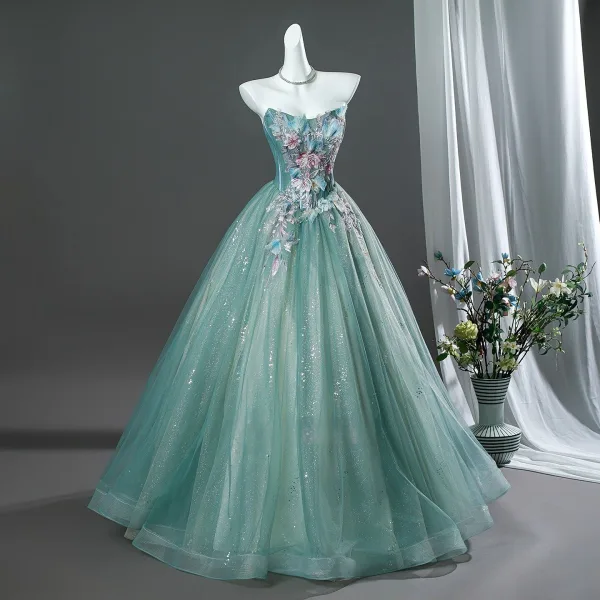 Traumhaft Lindgrün Perlenstickerei Applikationen Spitze Blumen Ballkleider 2026 Ballkleid Bandeau Ärmellos