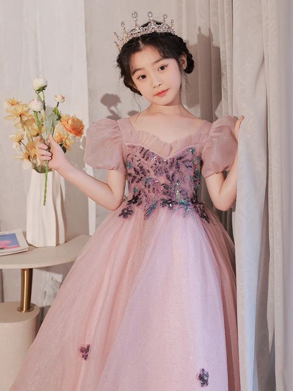 Chic / Beautiful Blushing Pink Sequins Birthday Flower Girl Dresses 2022 Ball Gown Square Neckline Puffy Short Sleeve Backless Floor-Length / Long Flower Girl Dresses