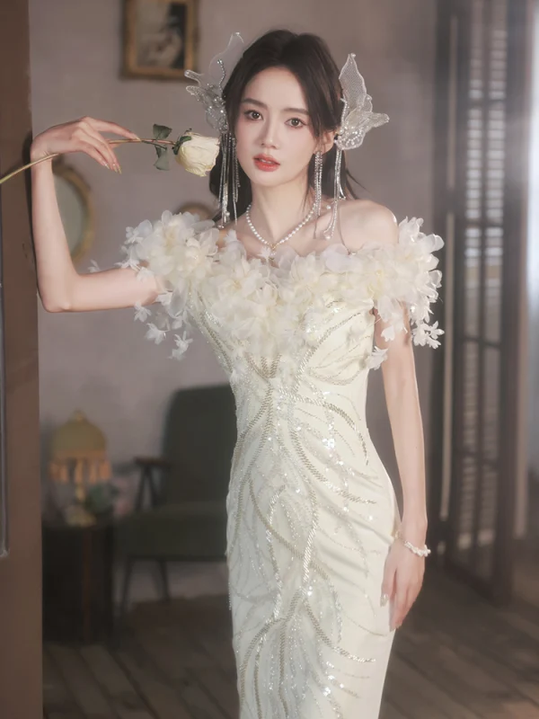Charmant Beige Perlage Paillettes Appliques Robe De Bal 2023 Trompette / Sirène De l'épaule Manches Courtes Dos Nu Noeud Longue Promo Robe De Ceremonie