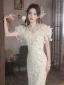 Charmant Beige Perlage Paillettes Appliques Robe De Bal 2023 Trompette / Sirène De l'épaule Manches Courtes Dos Nu Noeud Longue Promo Robe De Ceremonie