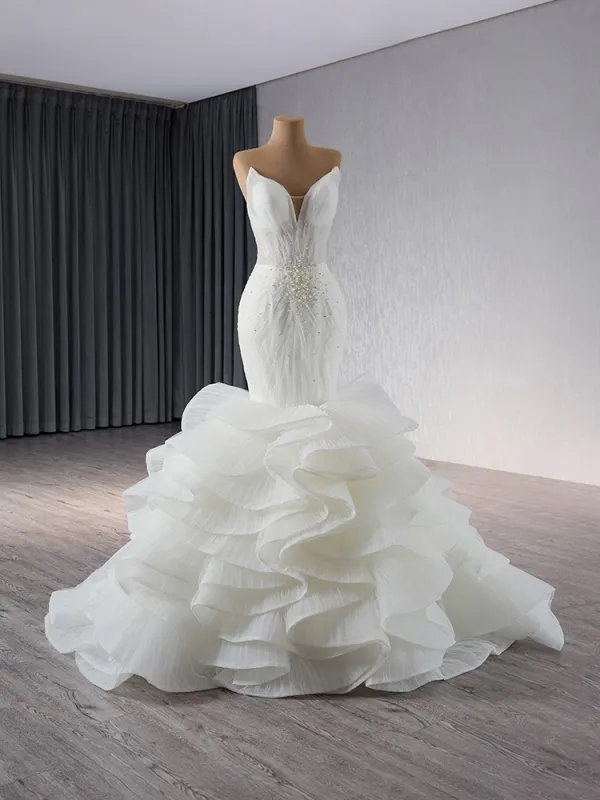 Sexy High-end White Pearl Rhinestone Cascading Ruffles