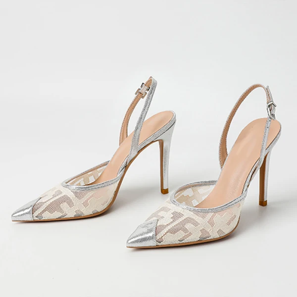 Sexy Silver Pierced Womens Sandals 2022 Street Wear 10 cm Stiletto Heels Pointed Toe Sandals High Heels
