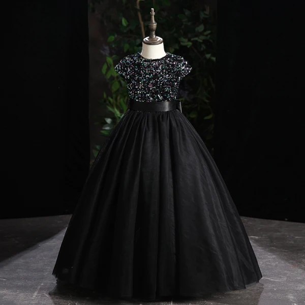 Chic / Beautiful Grey Sequins Prom Flower Girl Dresses 2022 Ball Gown Scoop Neck Sleeveless Sash Bow Floor-Length / Long Flower Girl Dresses