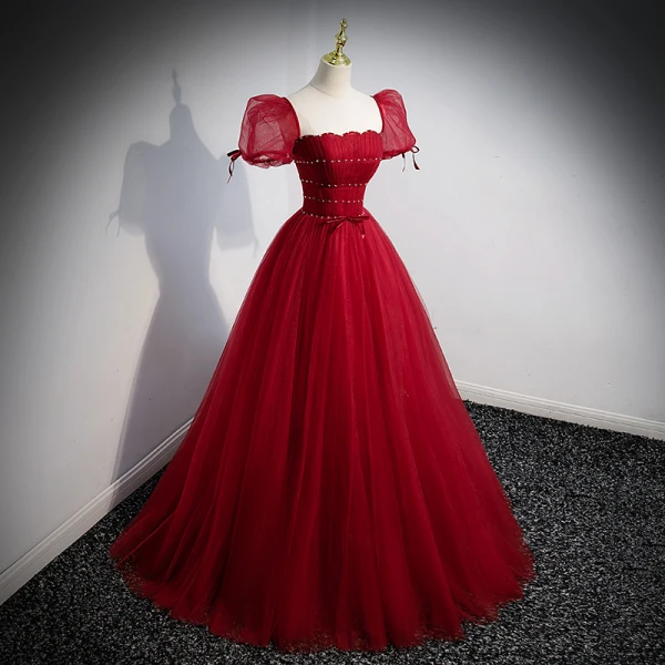 Chic / Belle Bordeaux Robe De Bal 2022 Princesse Encolure Carrée Paillettes Gonflée Manches Courtes Dos Nu Noeud Longue Promo Robe De Ceremonie