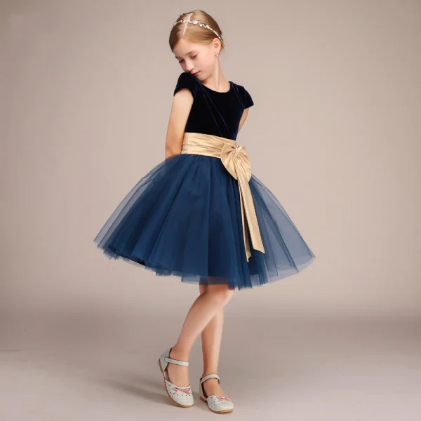 Chic / Belle Bleu Marine Anniversaire Courte Robe Ceremonie Fille 2022 Robe Boule Encolure Dégagée Noeud Ceinture Sans Manches Robe Ceremonie Fille