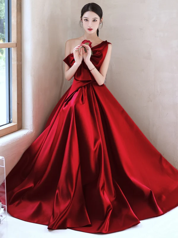 Modest  Burgundy Satin Prom Dresses 2023 A-Line / Princess One-Shoulder Bow Sleeveless Backless Floor-Length / Long Prom Formal Dresses