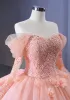 Luxury / Gorgeous Candy Pink Handmade  Beading Pearl Sequins Lace Flower Appliques Cascading Ruffles Prom Dresses 2023 Ball Gown Off-The-Shoulder 3/4 Sleeve Backless