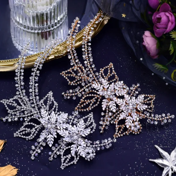Bling Bling Guld Handgjort Pärla Rhinestone Brud Huvudbonad 2023 Bröllop