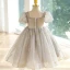 Chic / Beautiful Grey Star Sequins Short Flower Girl Dresses 2023 Square Neckline Short Sleeve Backless Prom Flower Girl Dresses