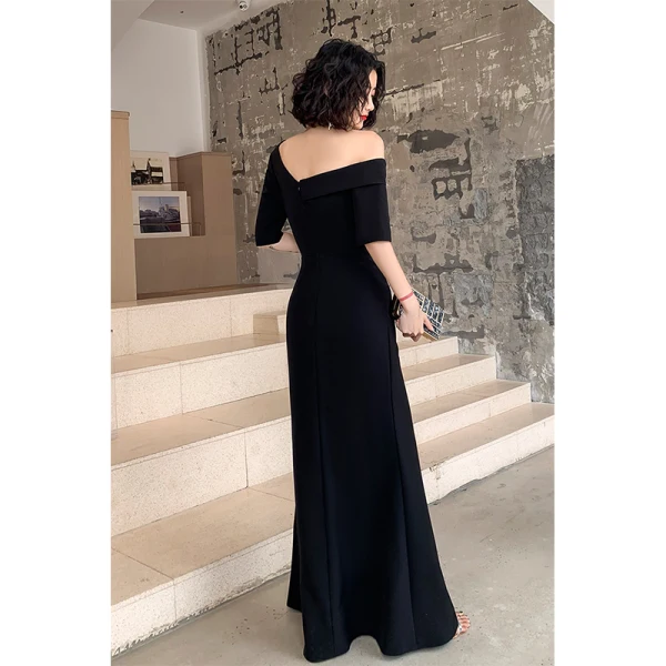 Sexy Black Evening Dresses 2022 A-Line / Princess One-Shoulder Short Sleeve Split Front Floor-Length / Long Evening Party Formal Dresses
