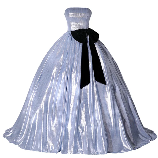 Modest / Simple Fashion Sky Blue Prom Dresses 2022 Ball Gown Strapless Sleeveless Bow Backless Floor-Length / Long Prom Formal Dresses