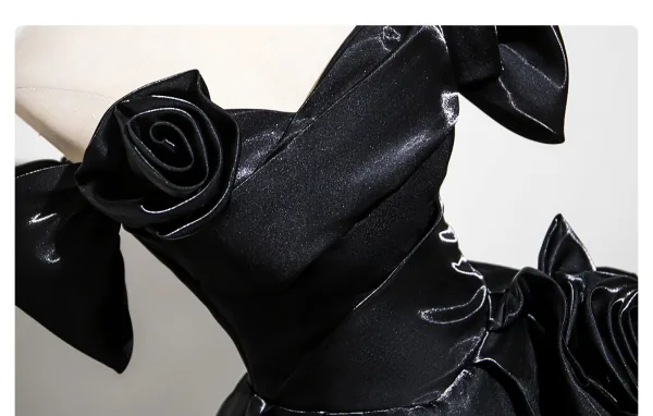 Vintage / Retro Black Flower Satin Prom Dresses 2025 Ball Gown Off-The-Shoulder Short Sleeve Backless Floor-Length / Long Formal Dresses